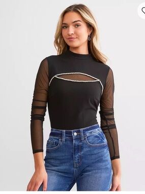 Black Long-Sleeve Sheer Mesh Top with Jewel Trim